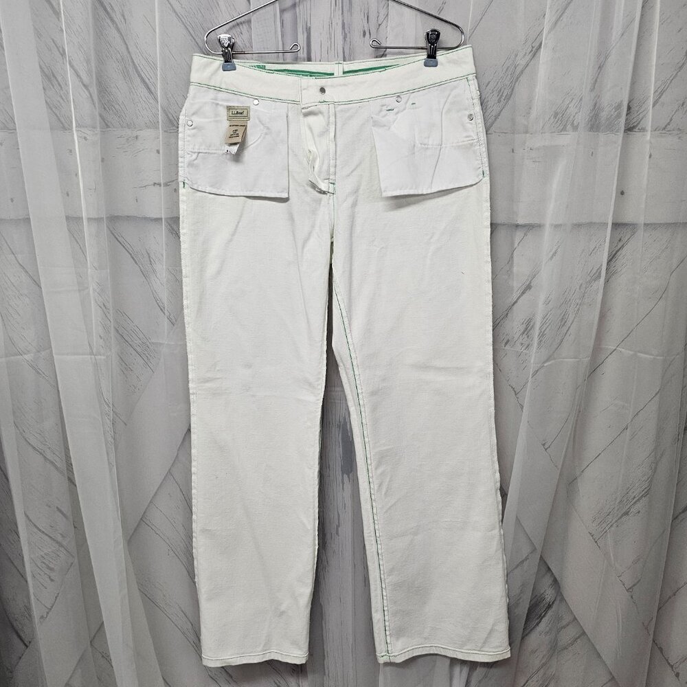L.L. Bean White Jean Green Preppy Boot Cut Belted Cotton Jeans Size 12 - Picture 12 of 15